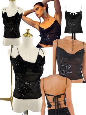 🆕 RAT & BOA 🧿 NWT Zanetti Enigma Tie-Back Cami + Bra, Black w Sequins - Sz L